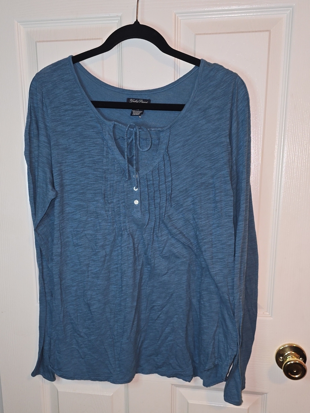 Lucky Brand Blue Long Sleeve Tie-Neck Pintuck Top